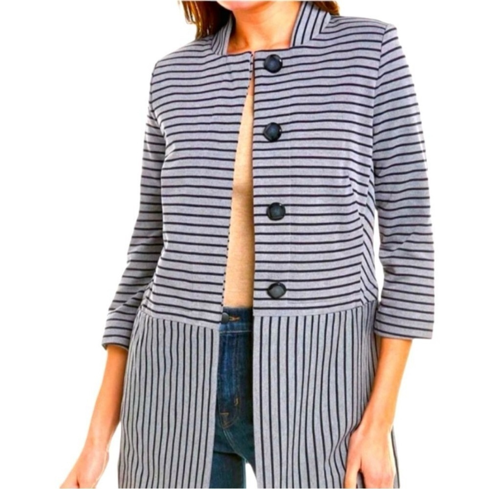 Cabi Striped Car Coat Women’s Size L 3/4 Sleeves Navy Gray